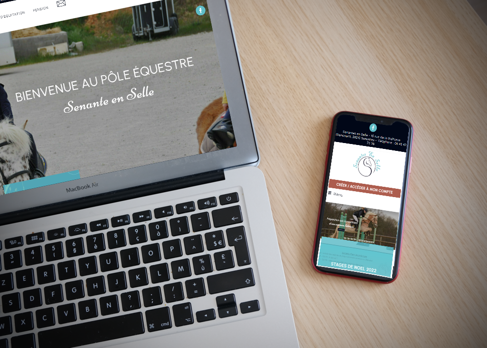 Mockup d'un smartphone et ordinateur avec le site de l'école equestre de Senantes en Selle